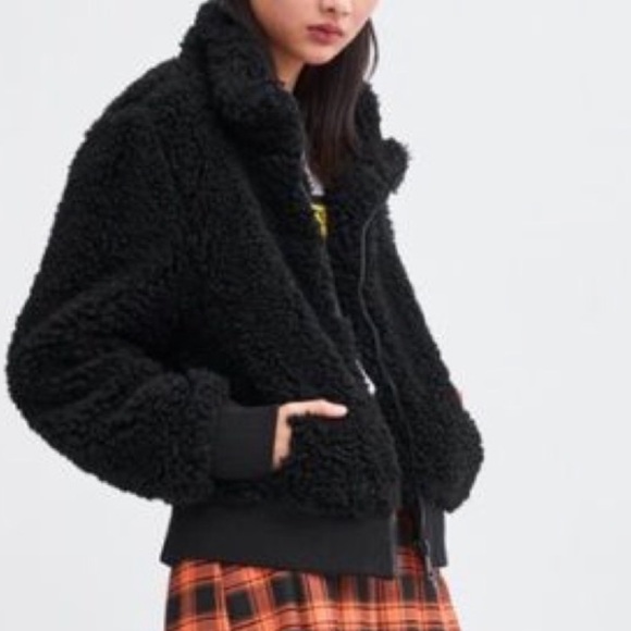 NWT Zara Black Sherpa Full Zip Fleece Bomber Jacket Size S - Picture 2 of 13